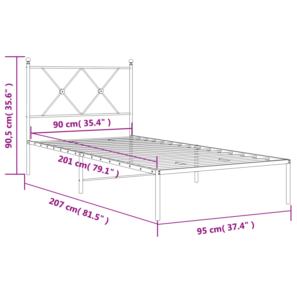 Cadru pat metalic cu tăblie, alb, 90x200 cm GartenMobel Dekor