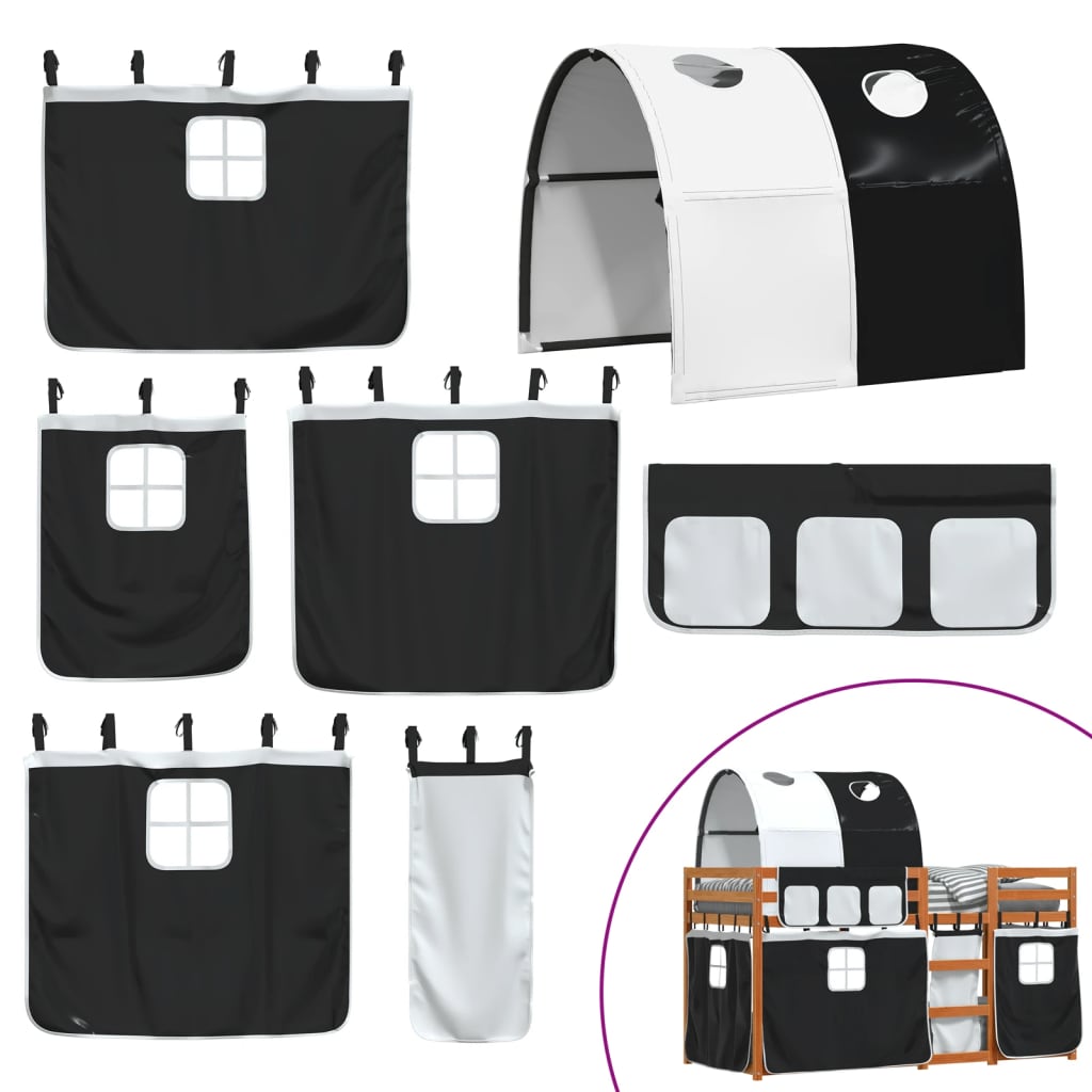 Pat supraetajat de copii perdele, alb/negru, 75x190 cm lemn pin GartenMobel Dekor