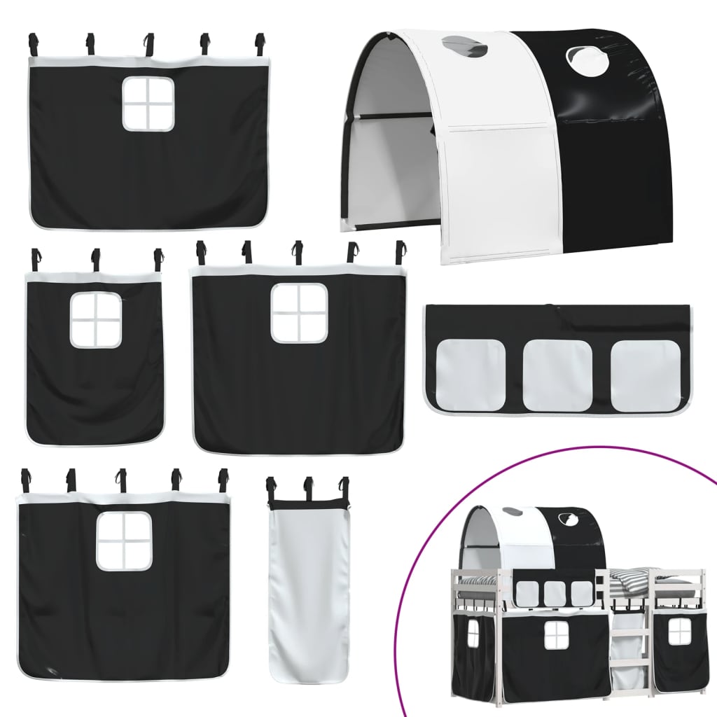 Pat supraetajat de copii perdele, alb/negru, 80x200 cm lemn pin GartenMobel Dekor