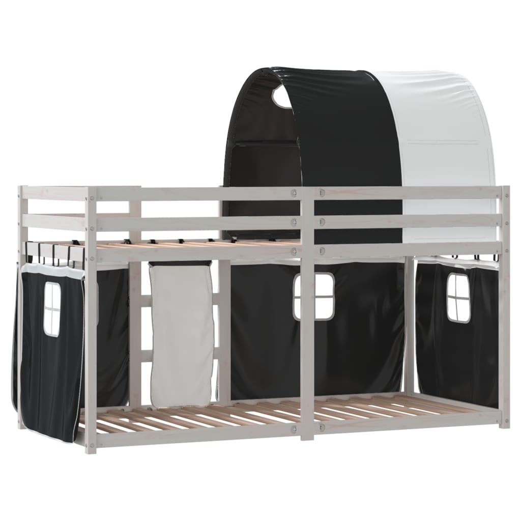 Pat supraetajat de copii perdele, alb/negru, 80x200 cm lemn pin GartenMobel Dekor