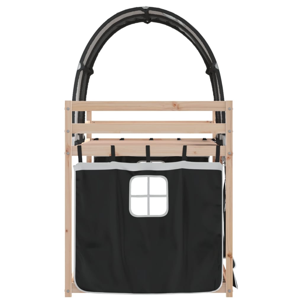 Pat supraetajat de copii perdele, alb/negru, 90x190 cm lemn pin GartenMobel Dekor