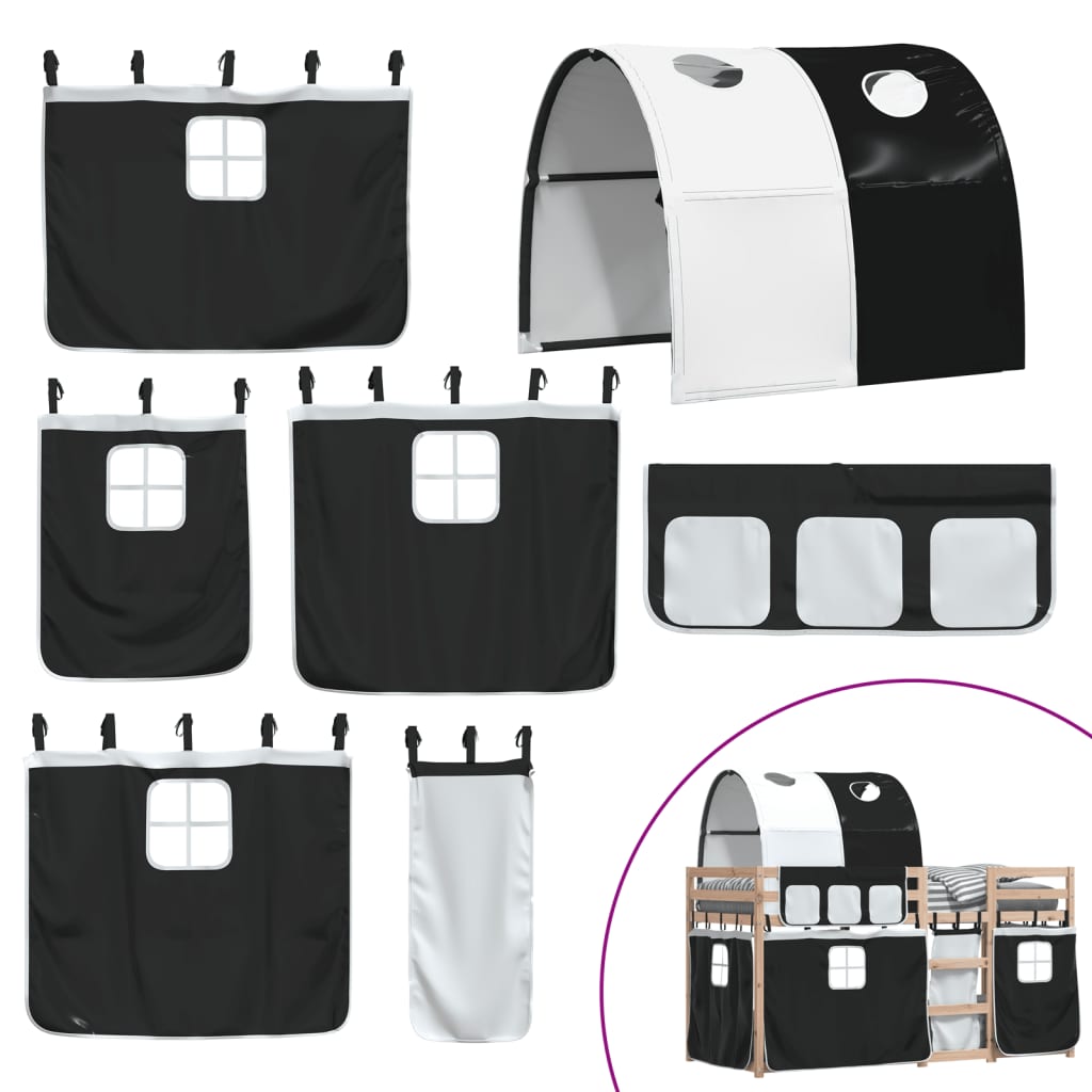 Pat supraetajat de copii perdele, alb/negru, 90x190 cm lemn pin GartenMobel Dekor