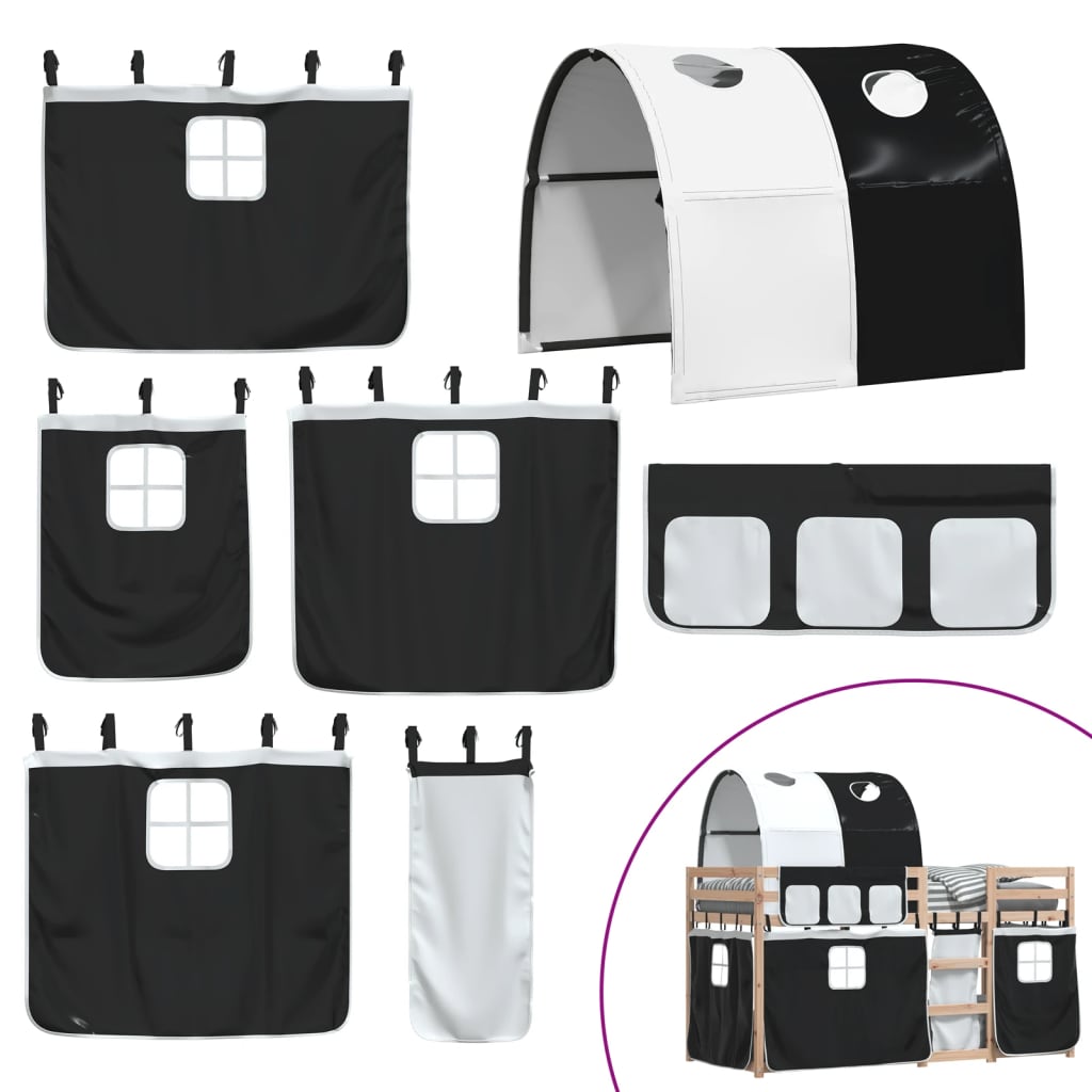 Pat supraetajat de copii perdele, alb/negru, 90x200 cm lemn pin GartenMobel Dekor