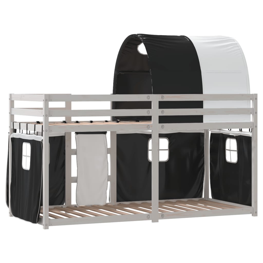 Pat supraetajat de copii perdele, alb/negru, 90x200 cm lemn pin GartenMobel Dekor