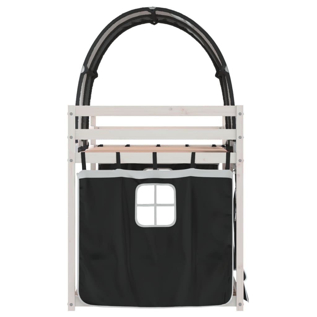 Pat supraetajat de copii perdele, alb/negru, 90x200 cm lemn pin GartenMobel Dekor