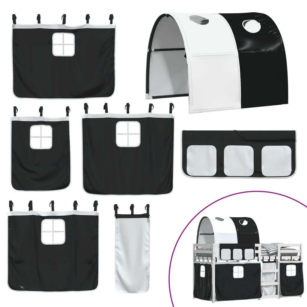 Pat supraetajat de copii perdele, alb/negru, 90x200 cm lemn pin GartenMobel Dekor