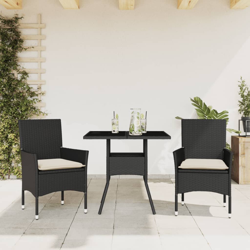 Set mobilier de grădină cu perne 3 piese negru poliratan&sticlă GartenMobel Dekor