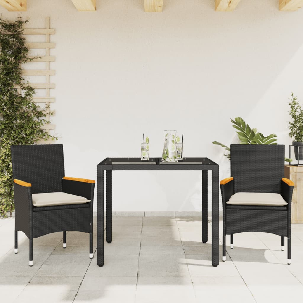 Set mobilier de grădină cu perne 3 piese negru poliratan&sticlă GartenMobel Dekor
