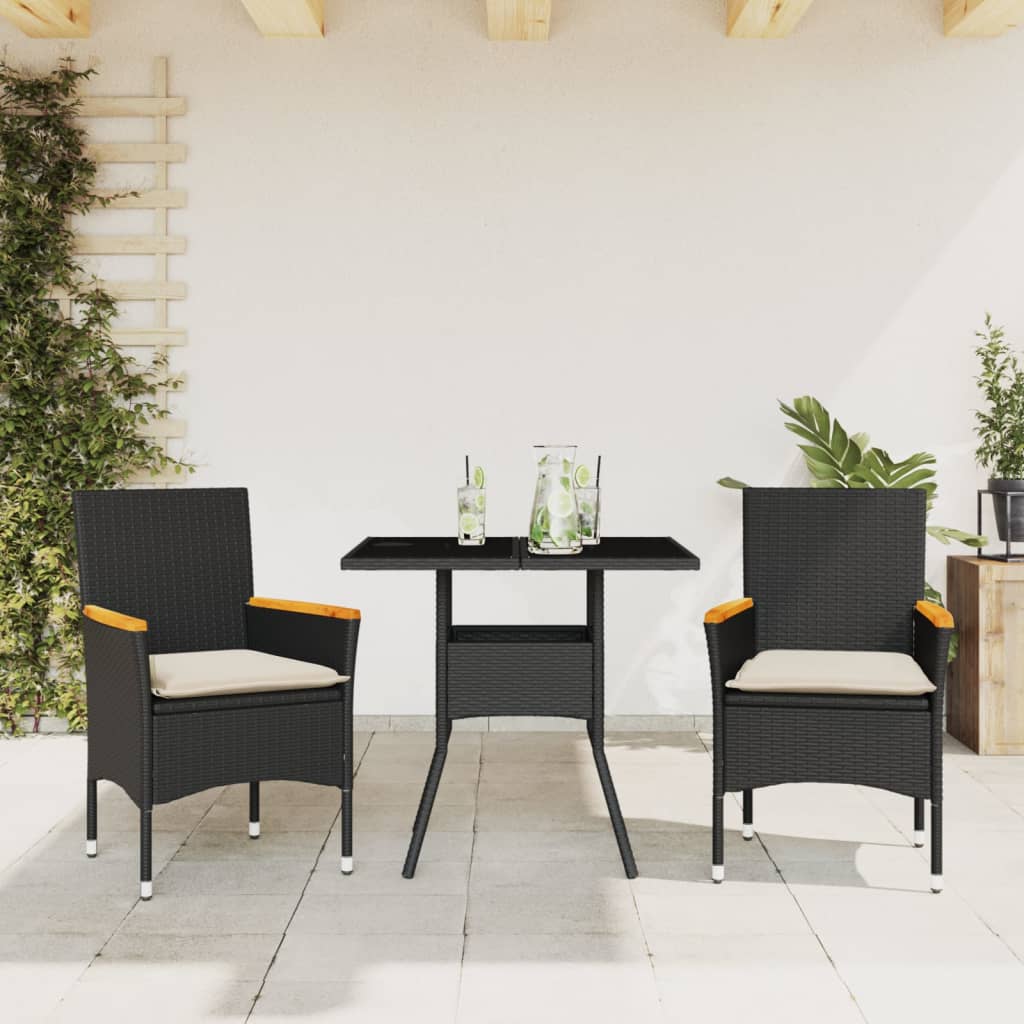 Set mobilier de grădină cu perne 3 piese negru poliratan&sticlă GartenMobel Dekor