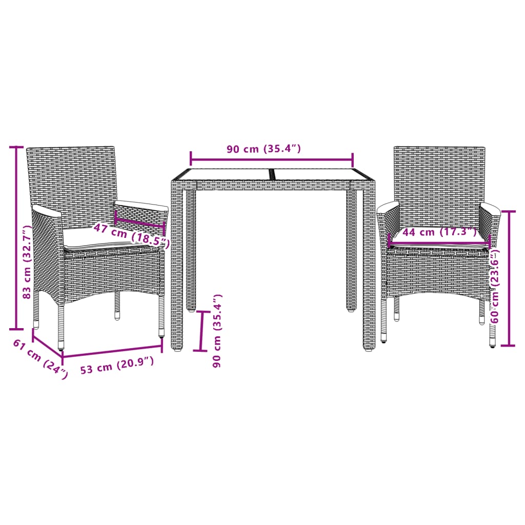 Set mobilier grădină perne 3 piese negru poliratan/lemn acacia GartenMobel Dekor
