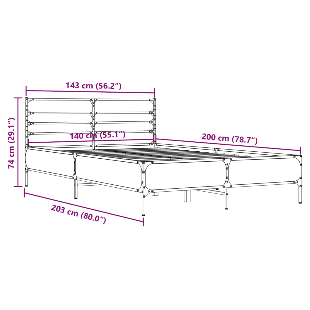 Cadru de pat, gri sonoma, 140x200 cm, lemn prelucrat și metal GartenMobel Dekor