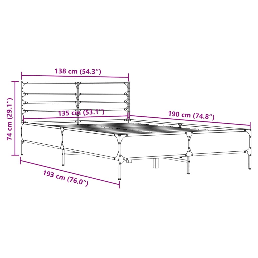 Cadru de pat, stejar afumat 135x190 cm lemn prelucrat și metal GartenMobel Dekor