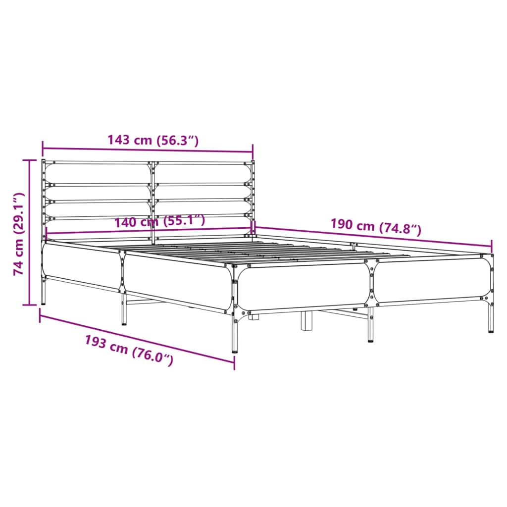 Cadru de pat, stejar afumat 140x190 cm lemn prelucrat și metal GartenMobel Dekor