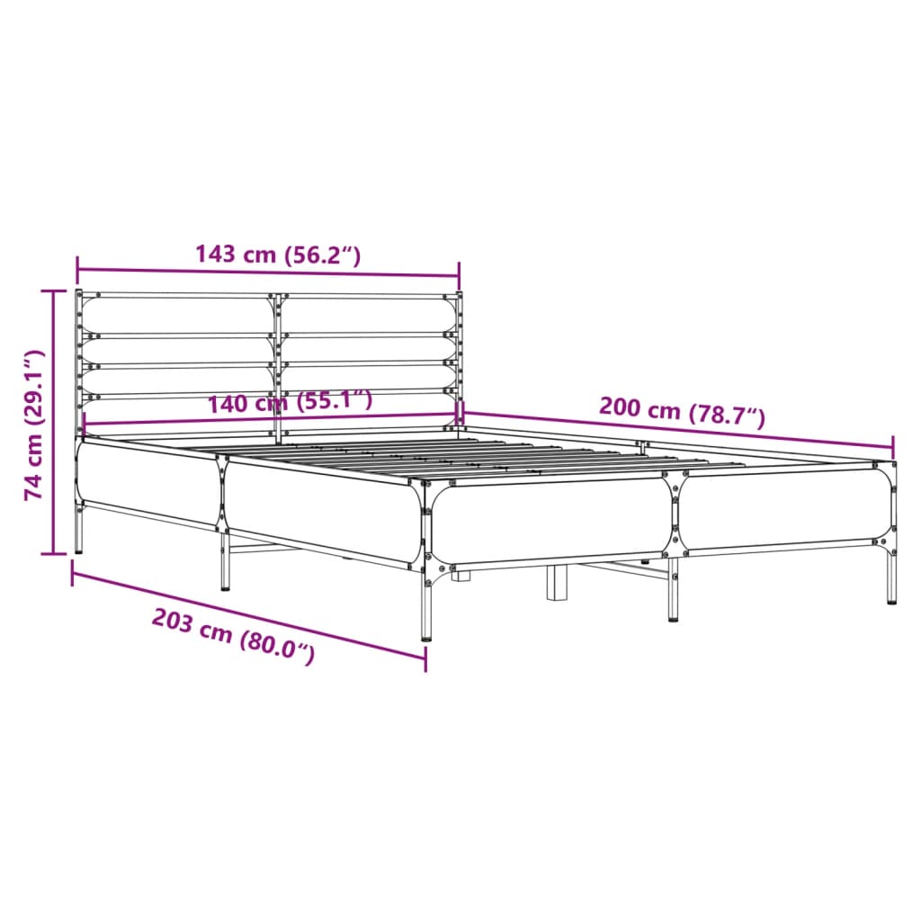 Cadru de pat, stejar fumuriu 140x200 cm lemn prelucrat și metal GartenMobel Dekor
