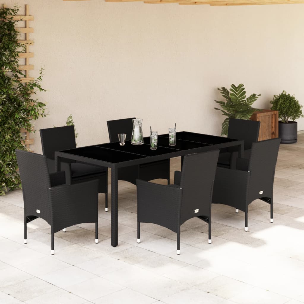 Set mobilier de grădină cu perne 7 piese negru poliratan&sticlă GartenMobel Dekor