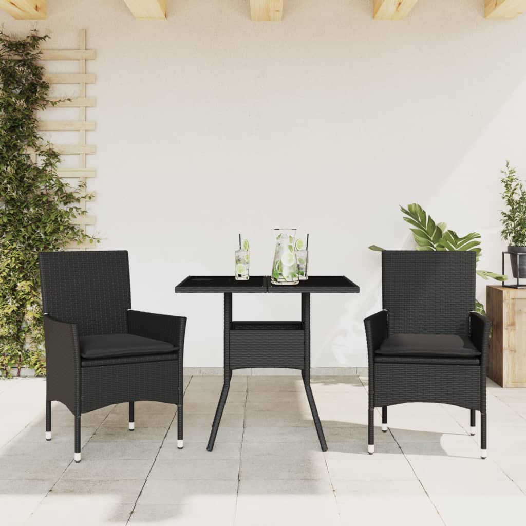 Set mobilier de grădină cu perne 3 piese negru poliratan&sticlă GartenMobel Dekor