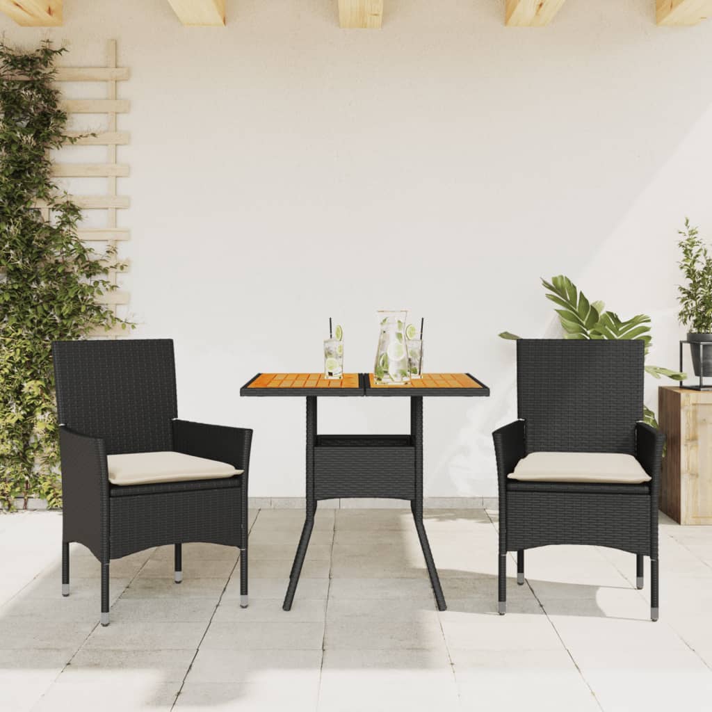 Set mobilier grădină perne 3 piese negru poliratan/lemn acacia GartenMobel Dekor