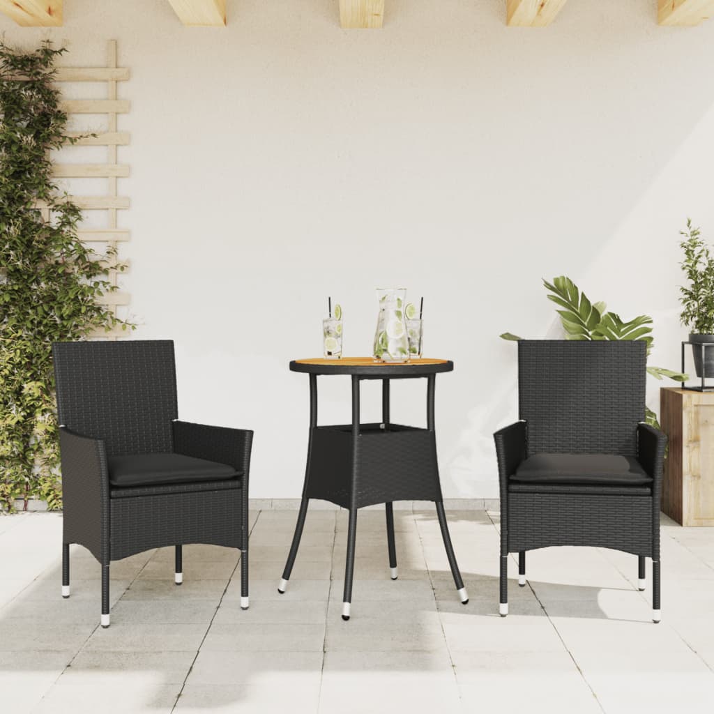 Set mobilier grădină perne 3 piese negru poliratan/lemn acacia GartenMobel Dekor
