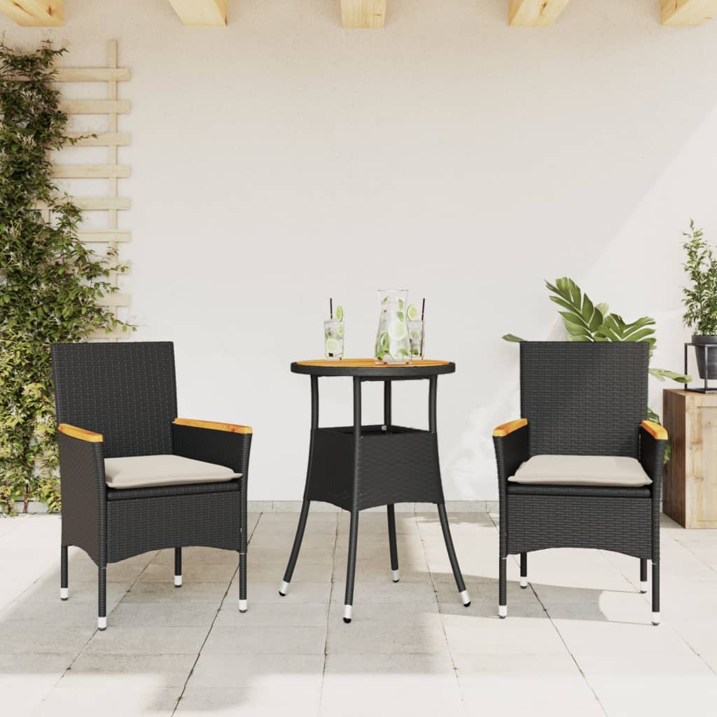 Set mobilier grădină perne 3 piese negru poliratan/lemn acacia GartenMobel Dekor