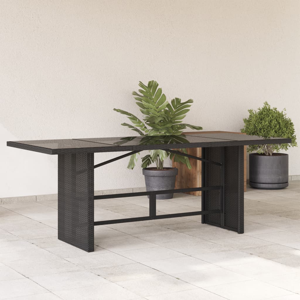 Masă grădină cu blat din sticlă, negru, 190x80x75 cm, poliratan GartenMobel Dekor