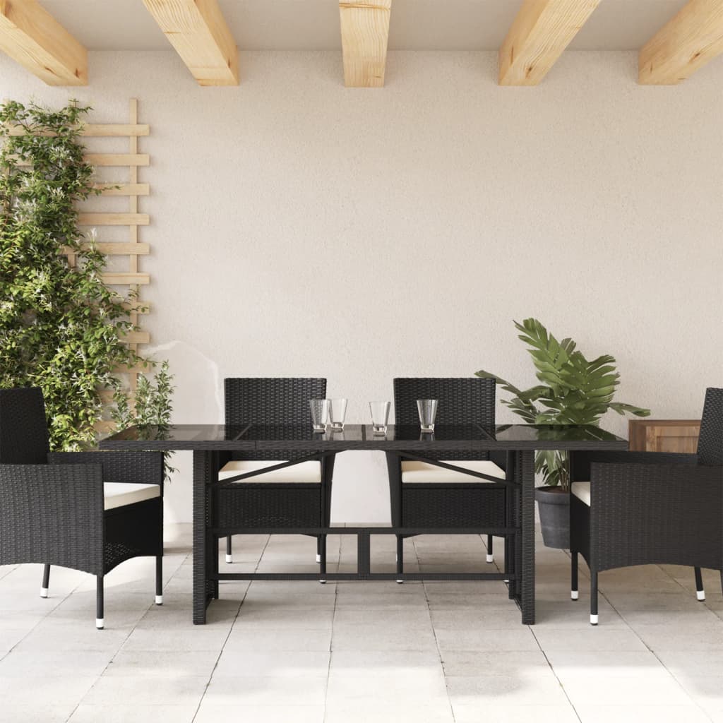 Masă grădină cu blat din sticlă, negru, 190x80x75 cm, poliratan GartenMobel Dekor