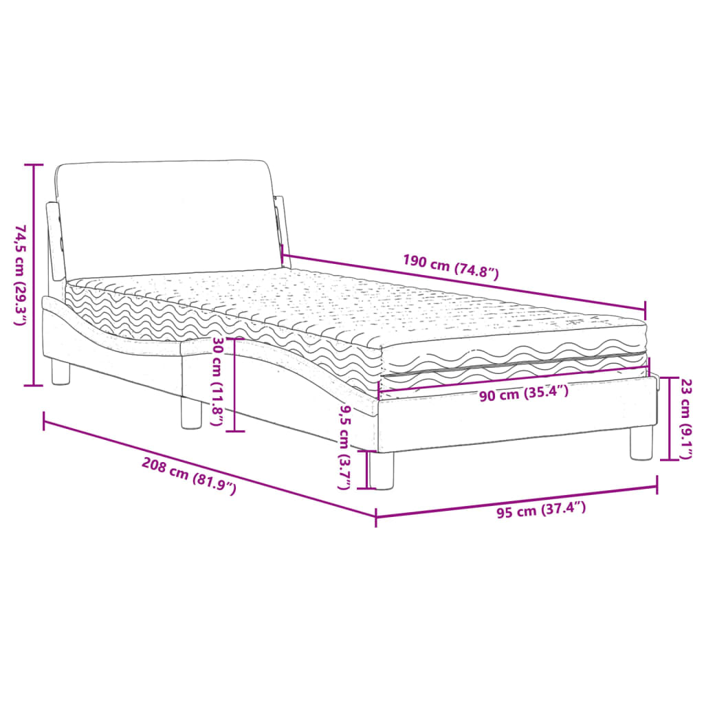Pat cu saltea, gri, 90x190 cm, piele ecologică GartenMobel Dekor