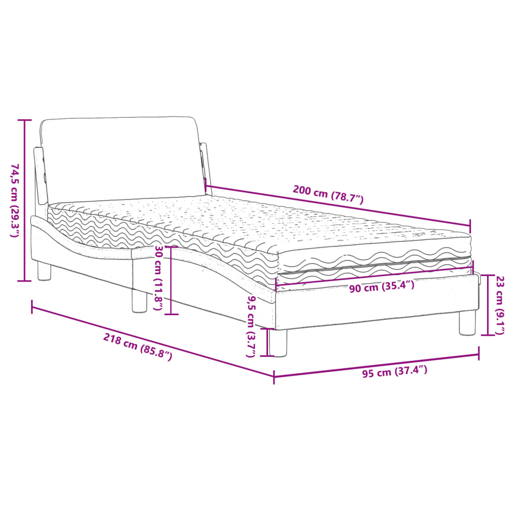 Pat cu saltea, gri, 90x200 cm, piele ecologică GartenMobel Dekor