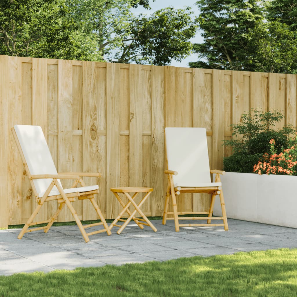 Set de bistro pliabil, 3 piese, cu perne alb crem, bambus GartenMobel Dekor