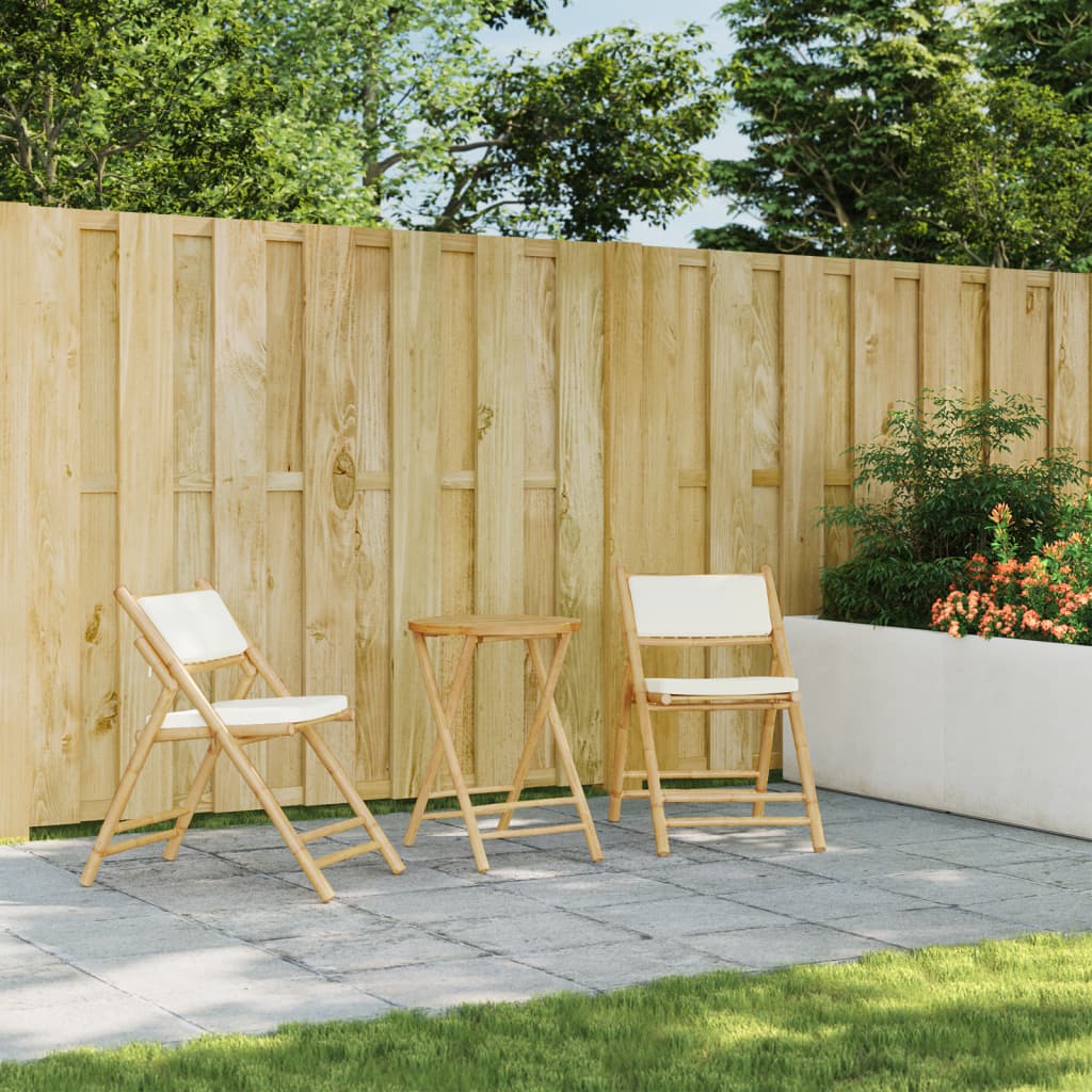 Set de bistro pliabil, 3 piese, cu perne alb crem, bambus GartenMobel Dekor