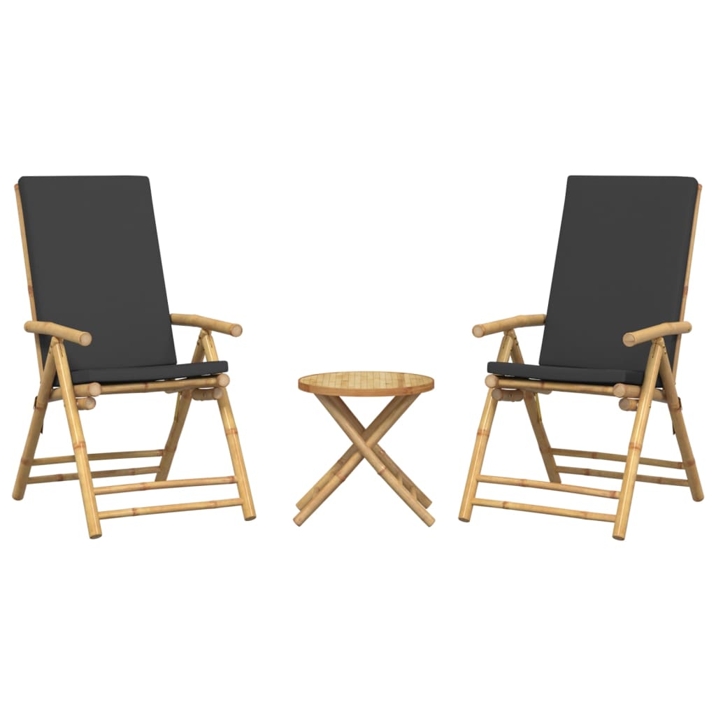 Set de bistro pliabil, 3 piese, cu perne gri închis, bambus GartenMobel Dekor
