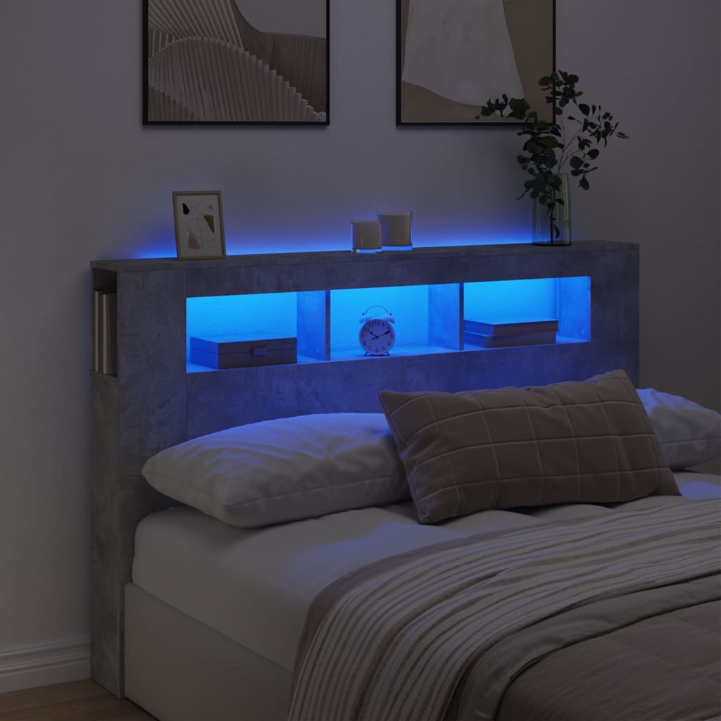 Tăblie de pat cu LED, gri beton, 160x18,5x103,5 cm, lemn GartenMobel Dekor