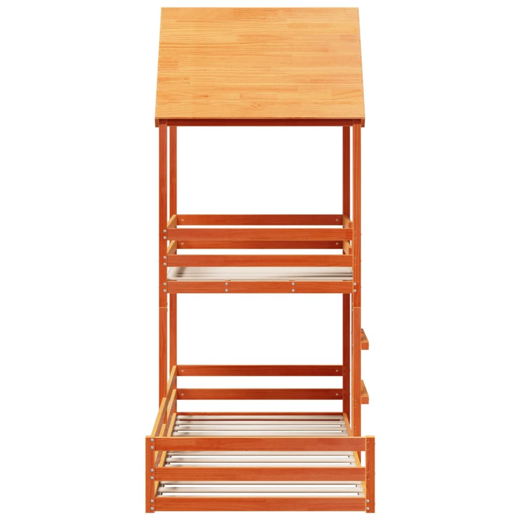 Pat supraetajat cu acoperiș maro ceruit 90x200cm lemn masiv pin GartenMobel Dekor