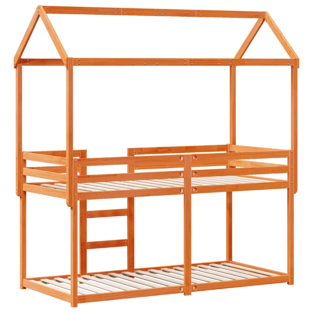 Pat supraetajat cu acoperiș maro ceruit 75x190cm lemn masiv pin GartenMobel Dekor