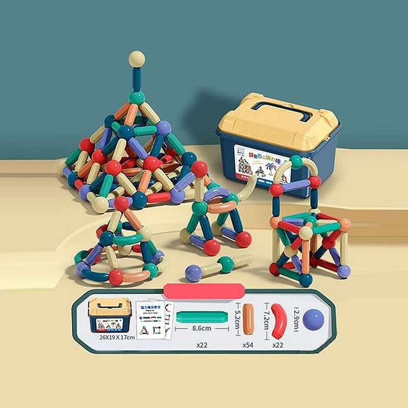 Set magnetic de constructie pentru copii, 136 piese multicolor, cutie depozitare, 2.9-8.6 cm MultiMark GlobalProd