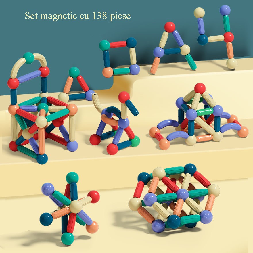 Set magnetic de constructie pentru copii, 136 piese multicolor, cutie depozitare, 2.9-8.6 cm MultiMark GlobalProd