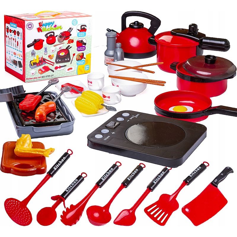 Accesorii bucatarie pentru copii, set 36 piese, plita inductie, grill, ceainic, oale, ustensile, alimente MultiMark GlobalProd