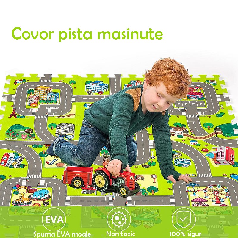 Covoras pista masinute, 9 piese tip puzzle, spuma eva, grosime 1 cm, 90x90 cm MultiMark GlobalProd