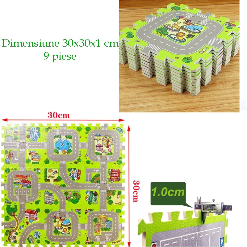 Covoras pista masinute, 9 piese tip puzzle, spuma eva, grosime 1 cm, 90x90 cm MultiMark GlobalProd