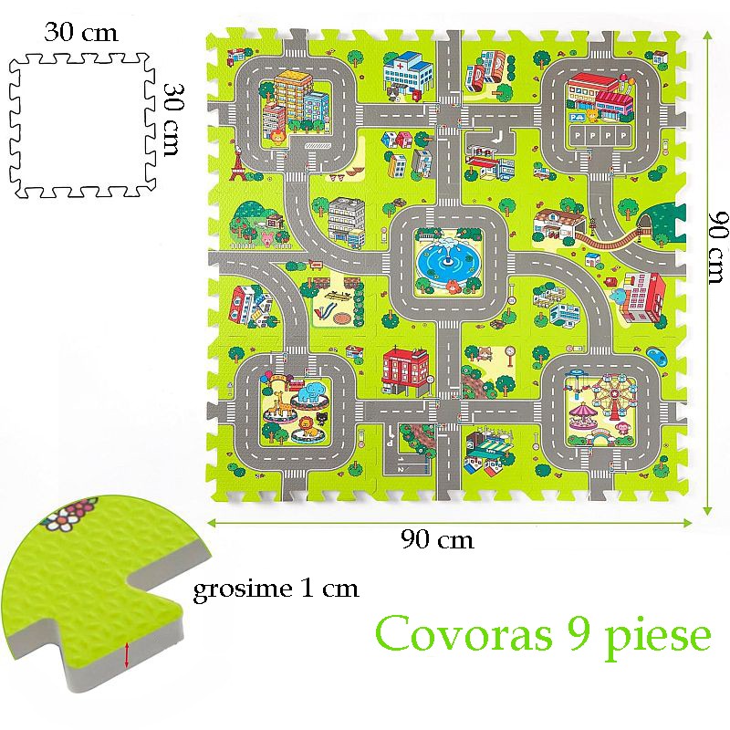 Covoras pista masinute, 9 piese tip puzzle, spuma eva, grosime 1 cm, 90x90 cm MultiMark GlobalProd