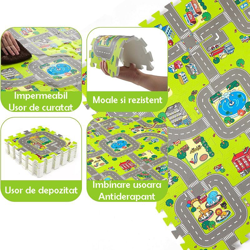 Covoras pista masinute, 9 piese tip puzzle, spuma eva, grosime 1 cm, 90x90 cm MultiMark GlobalProd