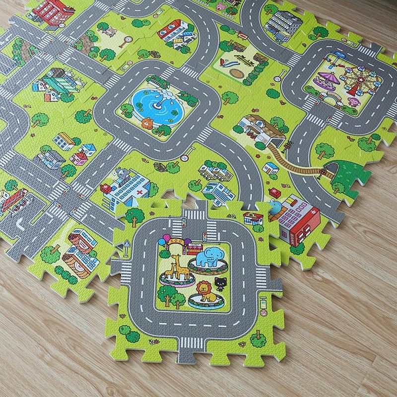 Covoras pista masinute, 9 piese tip puzzle, spuma eva, grosime 1 cm, 90x90 cm MultiMark GlobalProd