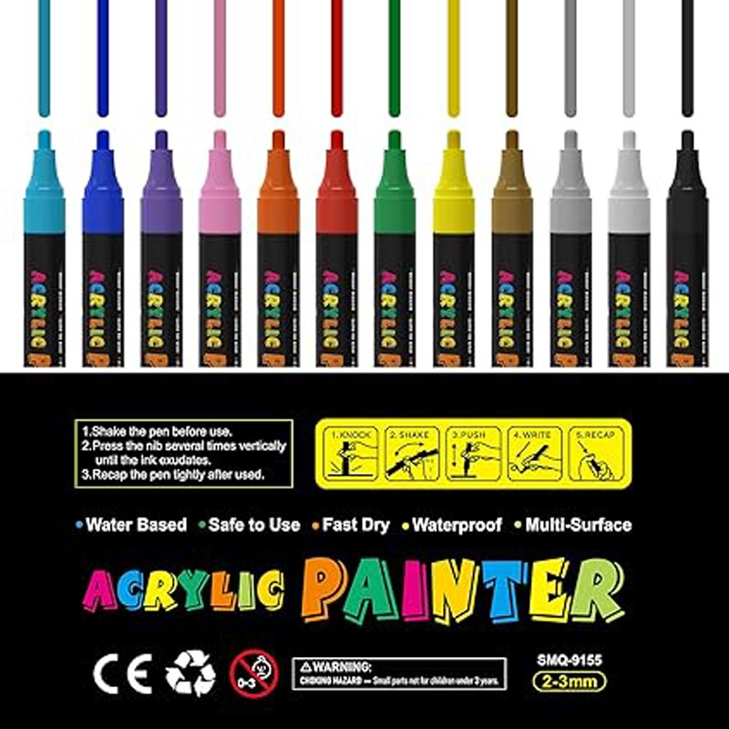 Set 12 markere acrilice permanente ptr orice suprafata, 2-3 mm,12 culori MultiMark GlobalProd