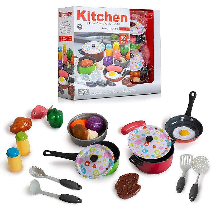 Set 22 accesorii bucatarie copii, alimente, condimente, oale, ustensile, multicolor MultiMark GlobalProd