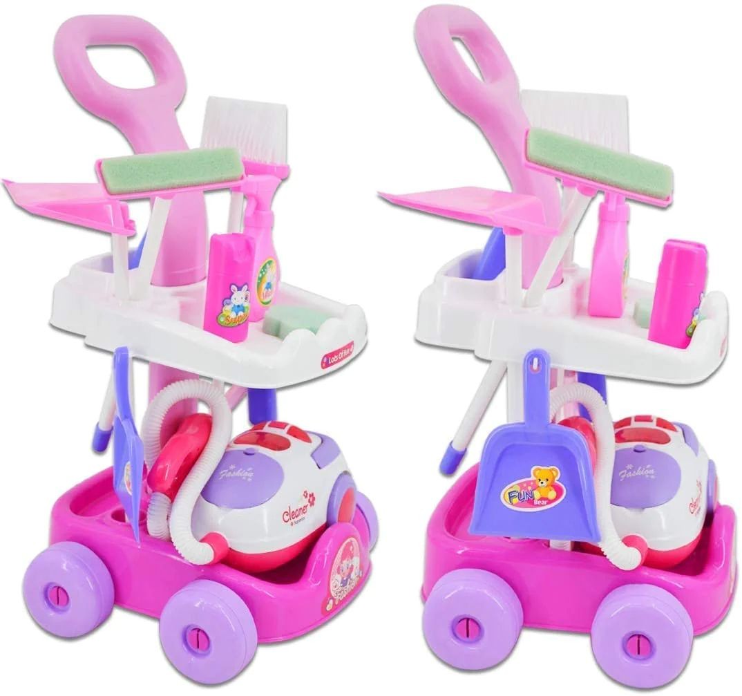 Set aspirator cu 11 accesorii curatenie pentru copii, sunete realiste, carucior roz MultiMark GlobalProd