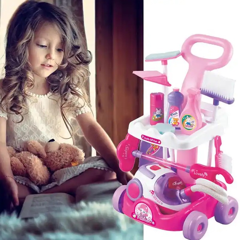 Set aspirator cu 11 accesorii curatenie pentru copii, sunete realiste, carucior roz MultiMark GlobalProd