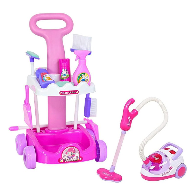 Set aspirator cu 11 accesorii curatenie pentru copii, sunete realiste, carucior roz MultiMark GlobalProd