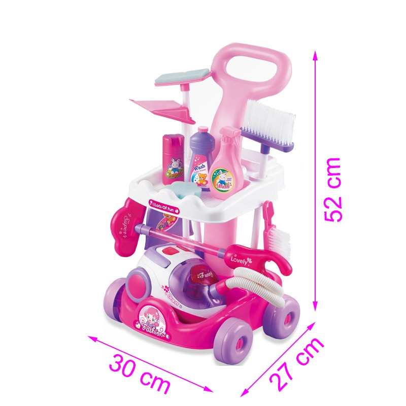 Set aspirator cu 11 accesorii curatenie pentru copii, sunete realiste, carucior roz MultiMark GlobalProd