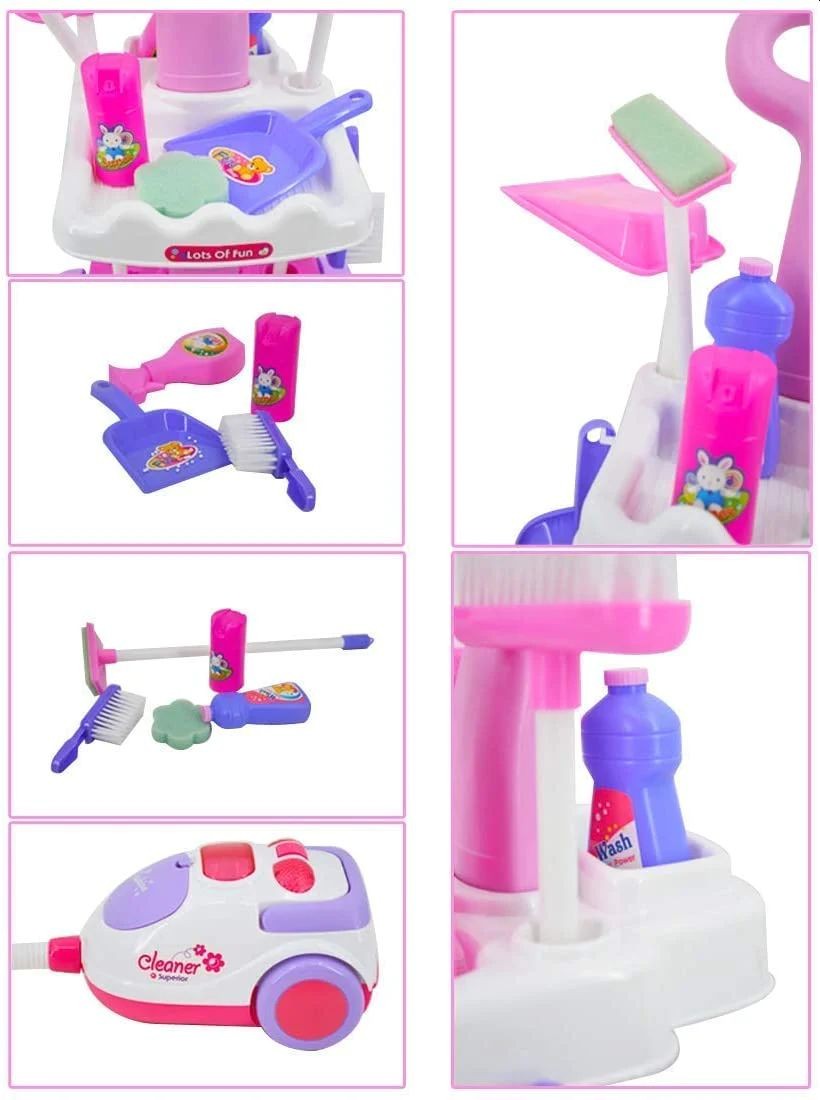 Set aspirator cu 11 accesorii curatenie pentru copii, sunete realiste, carucior roz MultiMark GlobalProd