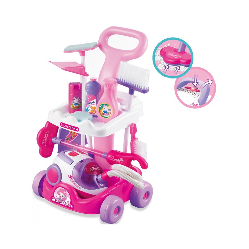 Set aspirator cu 11 accesorii curatenie pentru copii, sunete realiste, carucior roz MultiMark GlobalProd