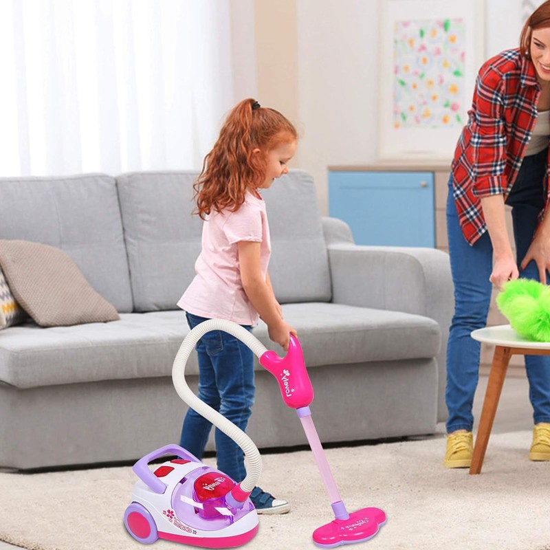 Set aspirator cu 11 accesorii curatenie pentru copii, sunete realiste, carucior roz MultiMark GlobalProd